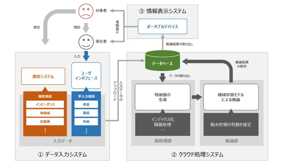 medHeartのシステム構成図。①データ入力システムでインピーダンス・体組成・位相角などを測定し、身長・体重・年齢を手入力。②クラウド処理システムで特徴量を生成し、機械学習モデルが胸水貯留の有無を推定。③情報表示システムがポータブルデバイスへ結果を提示する。